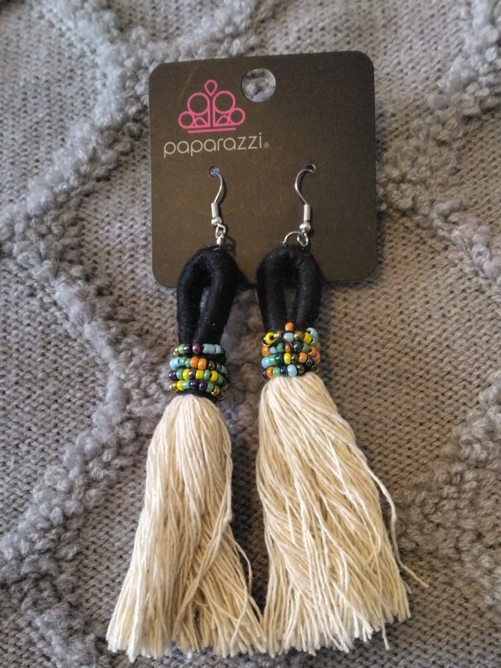 Paparazzi Black and Cream Beaded Tassel Earrings